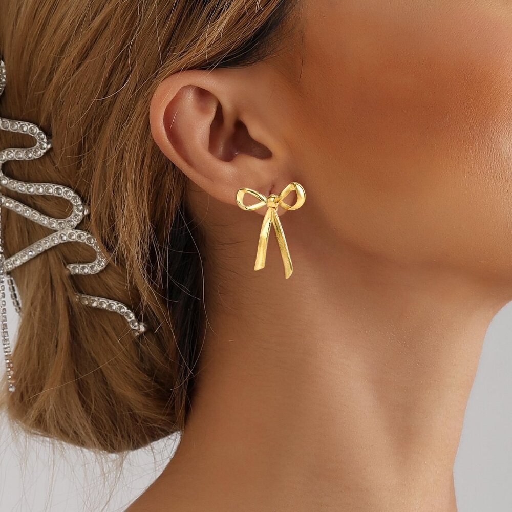 Gold or Silver Color Long Bow Earrings Statement Bowknot Stud Earring